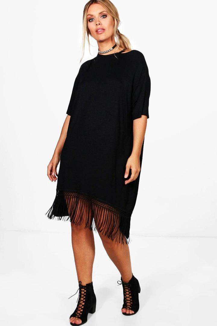 Boohoo Plus Yazmin Tassel Trim Shift Dress Black