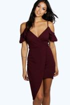 Boohoo Harper Cold Shoulder Asymmetric Bodycon Dress Berry