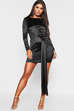 Boohoo Long Sleeve Drape Front Bodycon Dress