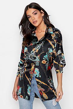 Boohoo Satin Chain Print Oversized Shirt