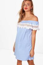 Boohoo Lizzie Lace Off Shoulder Frill Shift Dress