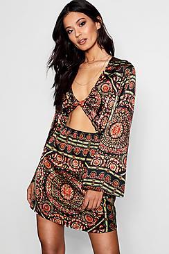 Boohoo Zavy Scarf Print Twist Front Skater Dress
