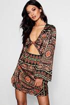 Boohoo Zavy Scarf Print Twist Front Skater Dress