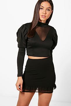 Boohoo Lisa High Neck Mesh Insert Top
