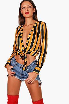 Boohoo Tall Eliana Stripe Tie Front Shirt