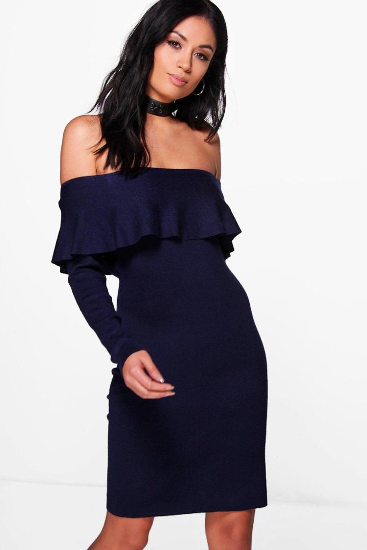 Boohoo Abigail Ruffle Bardot Jumper Dress Navy