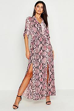Boohoo Snake Print Detail Midi Shirt Dress