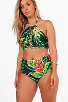 Boohoo Plus Sara Tropical Print Lace Up High Waist Bikini