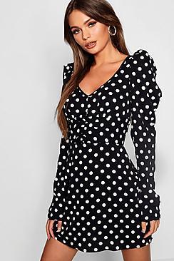Boohoo Rouched Sleeve Button Front Polka Dot Mini Dress