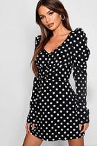 Boohoo Rouched Sleeve Button Front Polka Dot Mini Dress