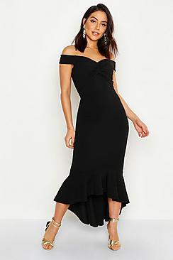 Boohoo Bardot Knot Front Dip Hem Maxi Dress