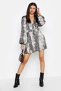 Boohoo Knot Front Blouson Sleeve Snake Print Skater Dress