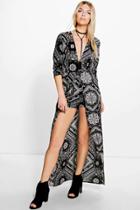 Boohoo Mia Plunge Paisley Print Maxi Overlay Playsuit Black