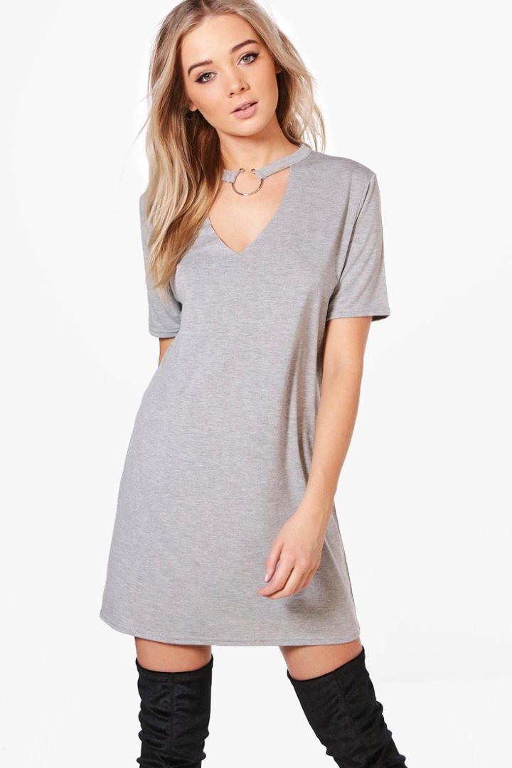 Boohoo Oana O-ring Choker Plunge T-shirt Dress Grey