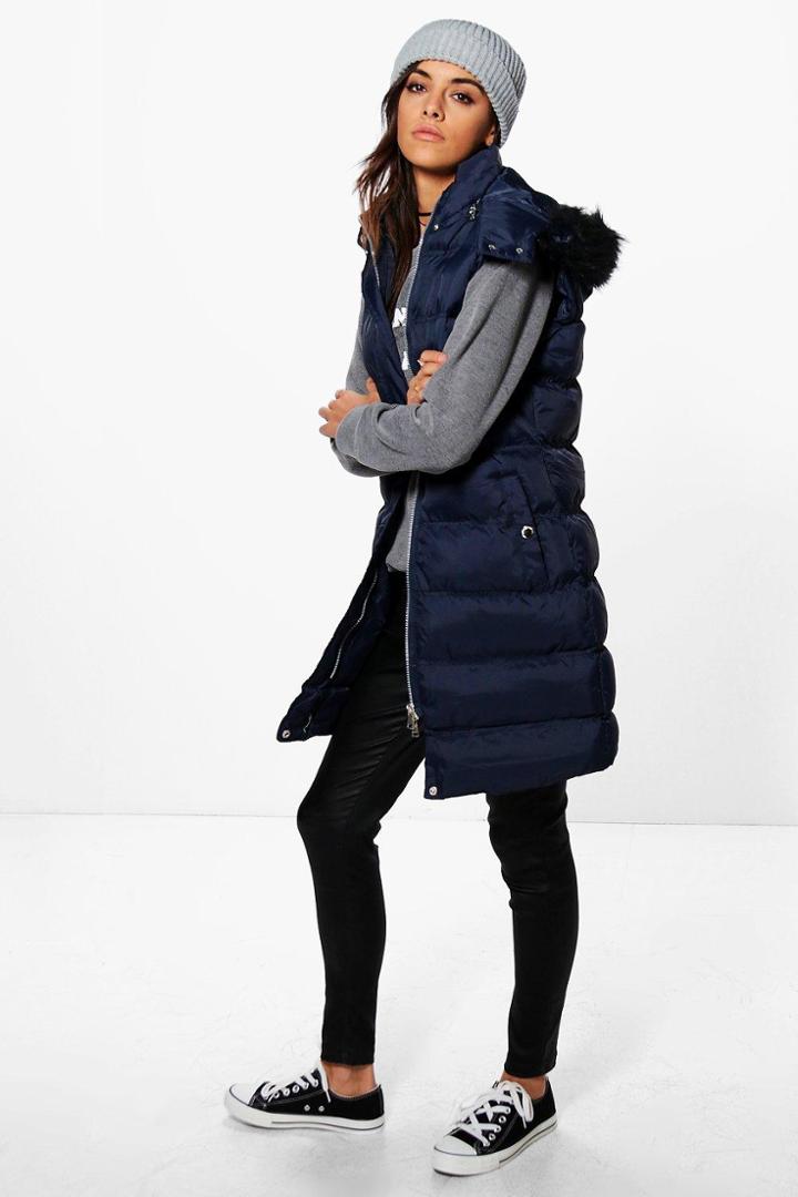 Boohoo Victoria Sleeveless Padded Jacket With Zip Off Hood Navy