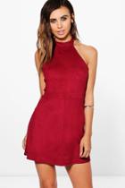Boohoo Petite Tamsin Halterneck Suedette Bodycon Dress Merlot