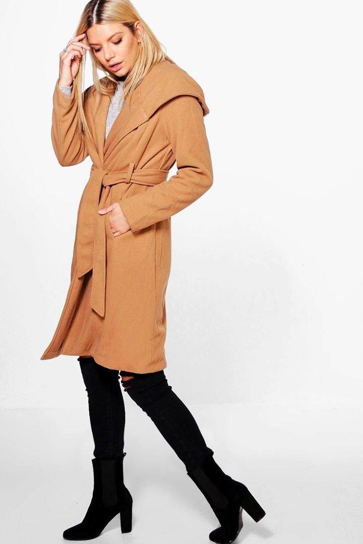 Boohoo Zoe Oversized Wrap Jacket With Shawl Hood Camel