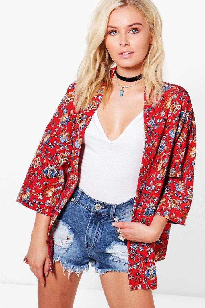 Boohoo Florence Floral Print Kimono Red