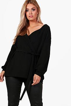 Boohoo Plus Off The Shoulder Wrap Blazer