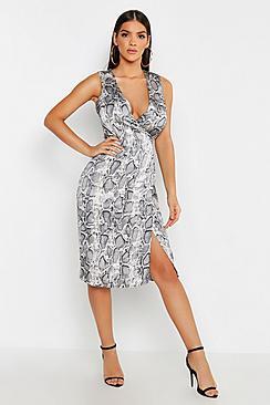 Boohoo Satin Snake Print Wrap Midi Dress
