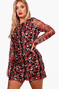 Boohoo Plus Cassie Embroidered Long Sleeve Shift Dress