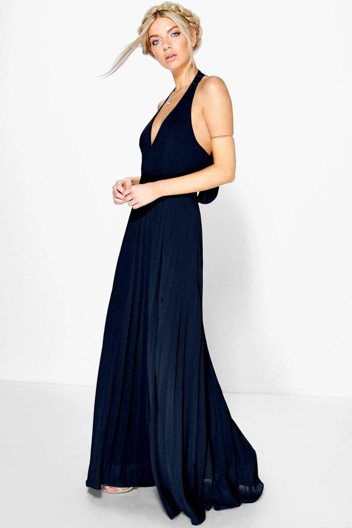 Boohoo Sidra Chiffon Pleated Plunge Maxi Dress Navy