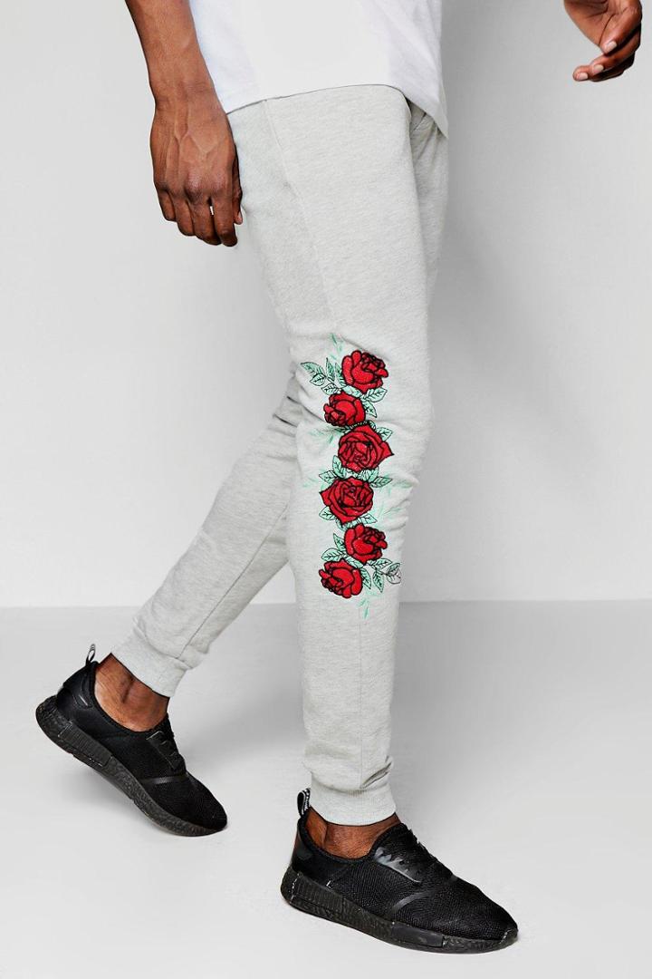 Boohoo Skinny Fit Rose Embroidered Joggers Grey