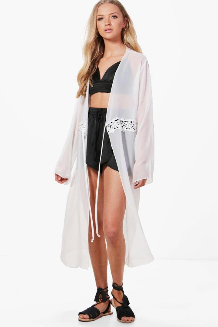 Boohoo Jackie Chiffon Kimono With Crochet Tie Waist Cream