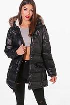 Boohoo Heidi Shiny Faux Fur Hood Puffer Jacket