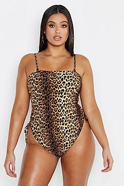 Boohoo Plus Leopard Square Neck Swim Suit
