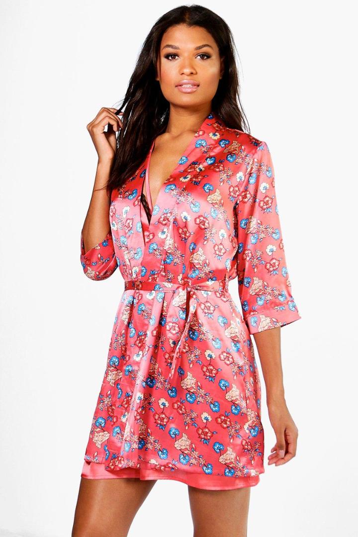 Boohoo Keira China Floral Satin Kimono Robe Coral