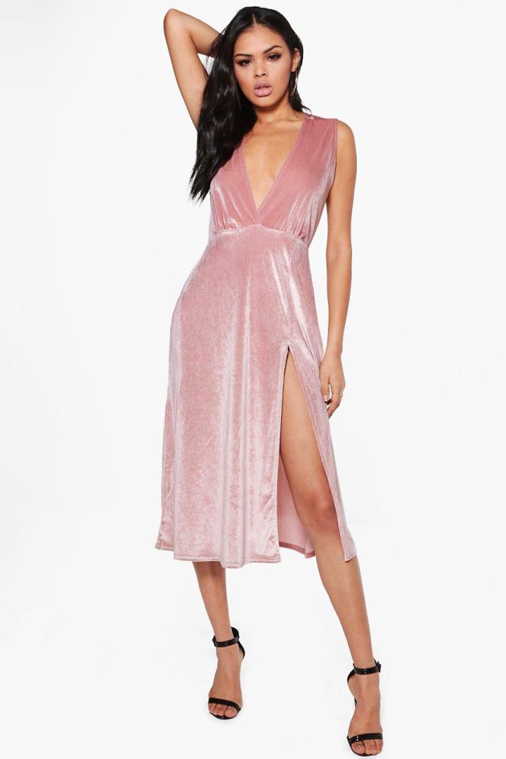 Boohoo Kia Plunge Velvet Thigh Split Midi Dress Rose