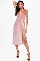 Boohoo Kia Plunge Velvet Thigh Split Midi Dress Rose