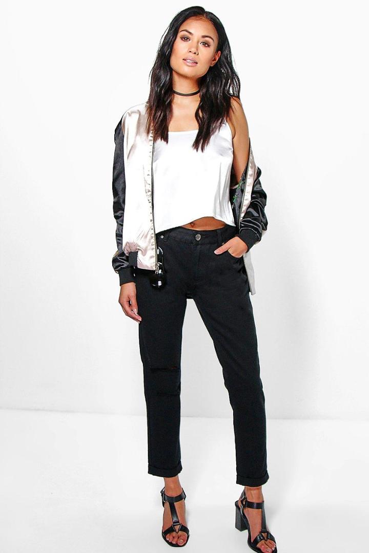 Boohoo Mara Mid Rise Distressed Knee Boyfriend Jeans Black