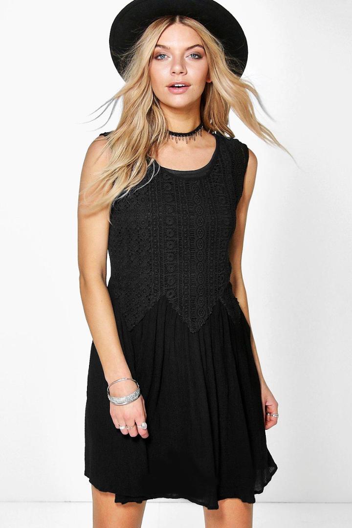 Boohoo Anna Crochet Detail Smock Dress Black
