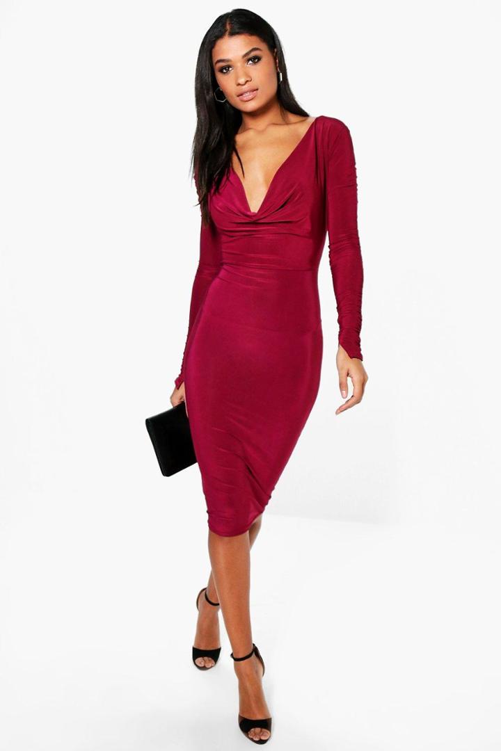 Boohoo Tia Slinky Cowl Neck Ruched Sleeve Midi Dress Berry