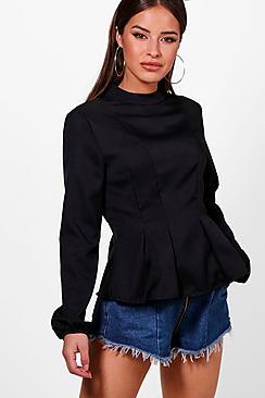 Boohoo Petite Em High Neck Oversized Sleeve Peplum Top
