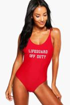 Boohoo Oia Lifeguard Off Duty Slogan Scoop Bathing Suit Red
