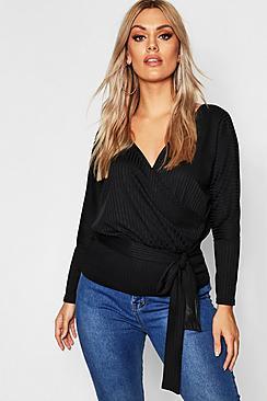 Boohoo Plus Rib Wrap Tie Top