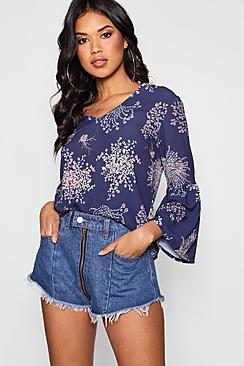 Boohoo Leah Blossom Print Flared Sleeve Top