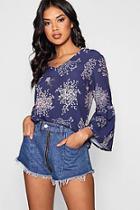 Boohoo Leah Blossom Print Flared Sleeve Top