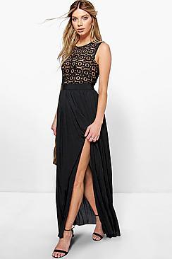Boohoo Boutique Cara Lace Top Pleated Maxi Dress
