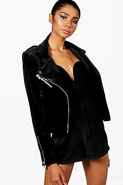 Boohoo Charlie Velvet Biker Jacket