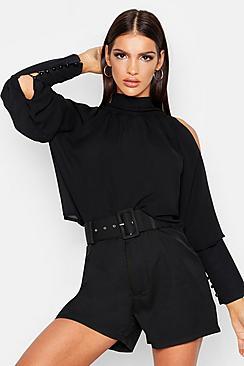 Boohoo Woven High Neck Button Up Balloon Sleeve Blouse