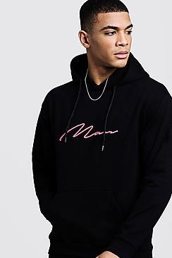 Boohoo Neon Pink 3d Man Signature Hoodie