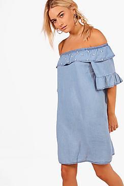 Boohoo Madison Ruffle Pearl Detail Denim Dress