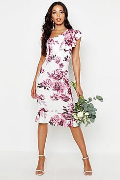 Boohoo One Shoulder Floral Ruffle Midi Dress