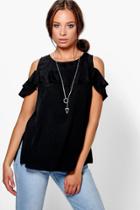 Boohoo Lily Woven Frill Sleeve Top Black