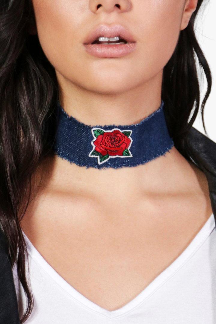 Boohoo Elena Embroidered Denim Choker Denim