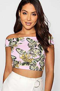 Boohoo Tropical Print Bardot Crop Top